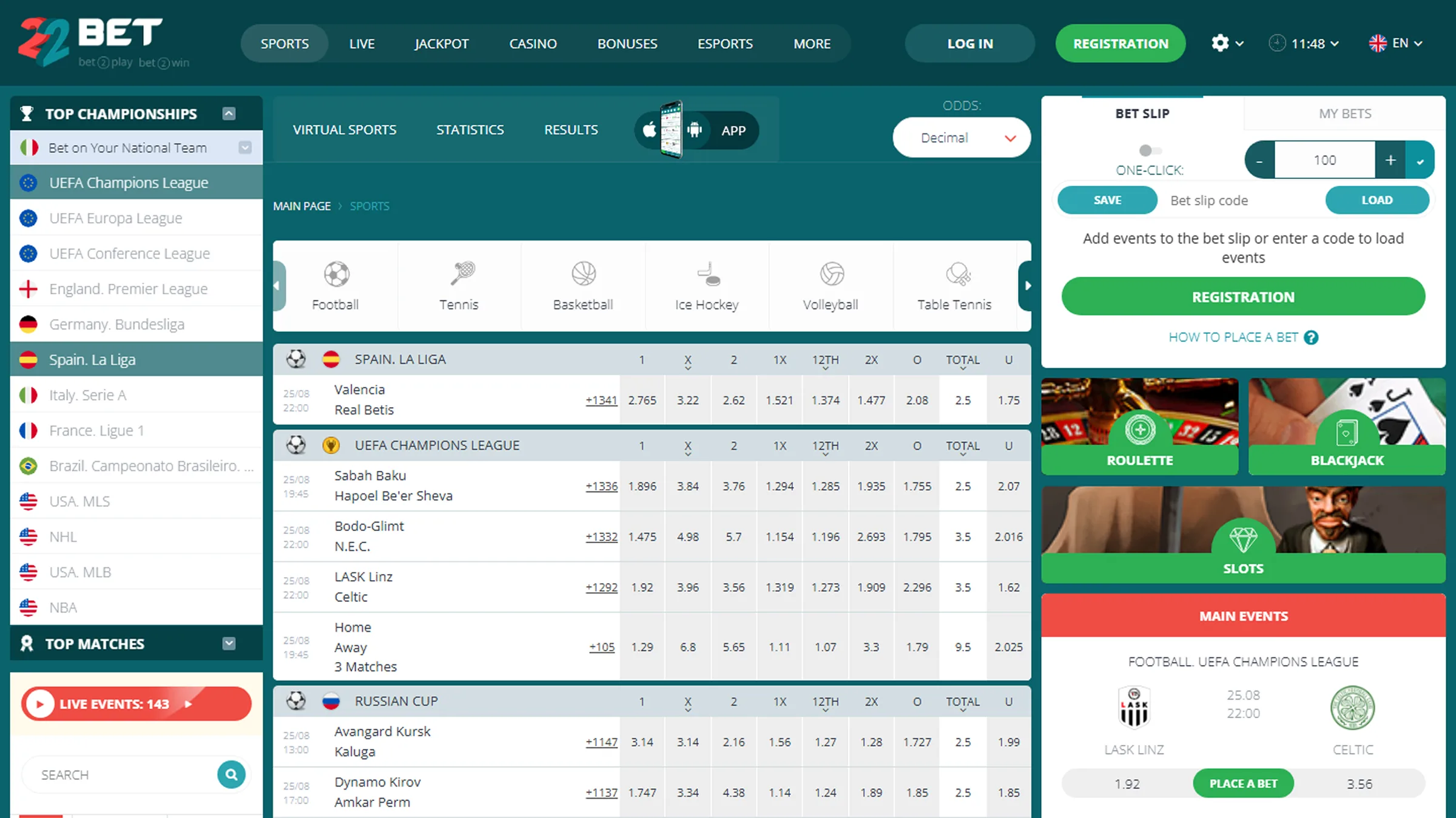 22Bet Gaming platform
